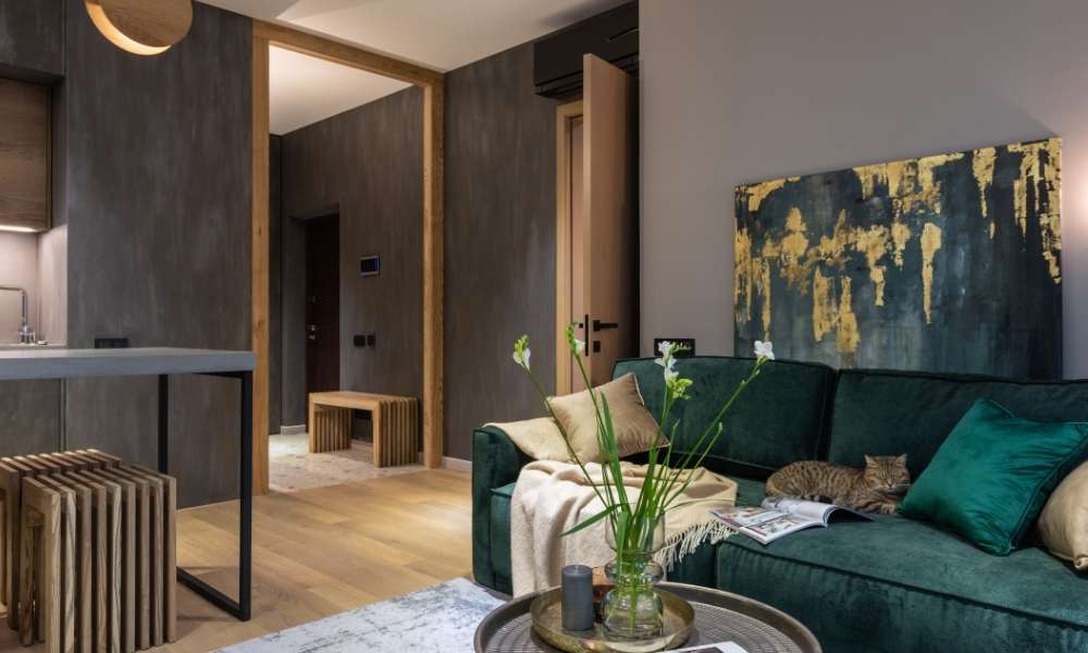 Green velvet sofa living room ideas