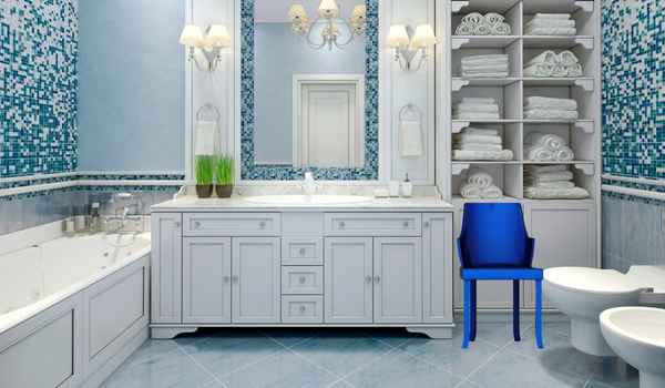 Navy Blue Bathroom Decor Ideas with acent chair
